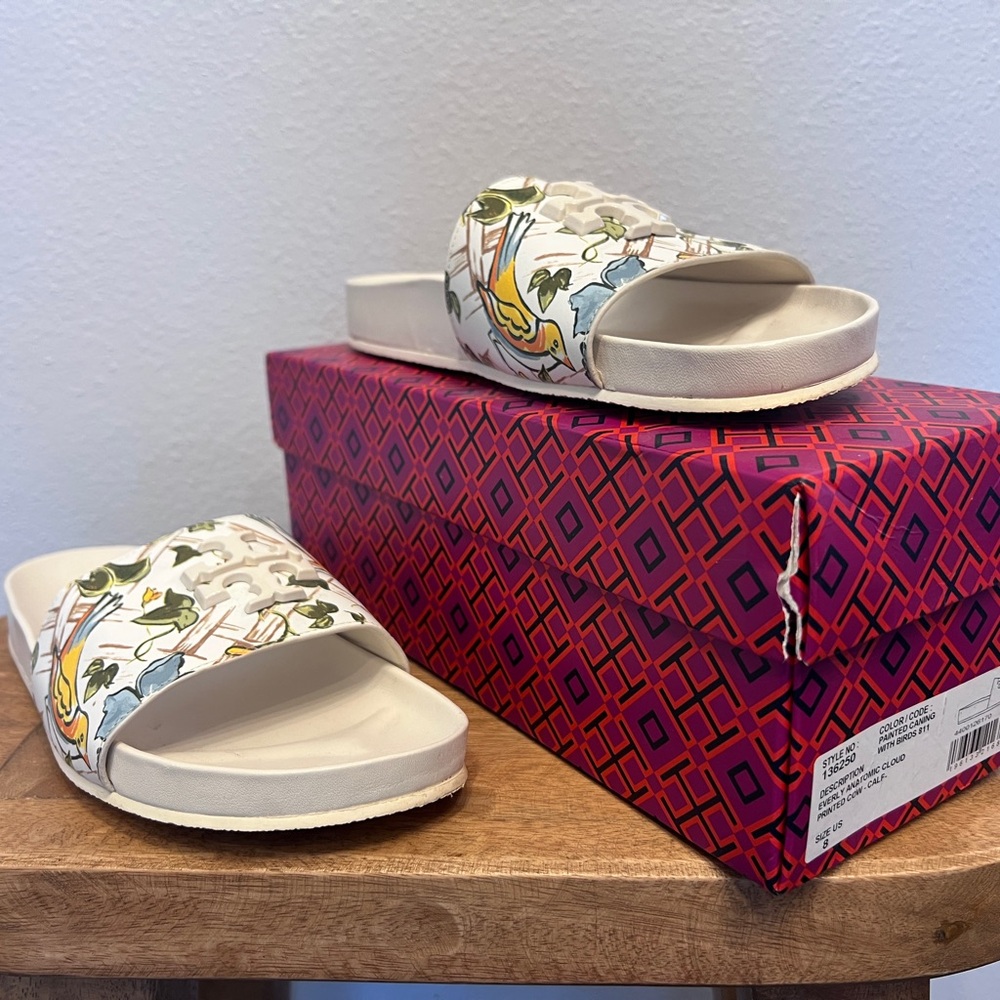 Tory Burch Everly Calf Leather Printed Birds Anatomic Slide Sandal Size 8 - Picture 3 of 7